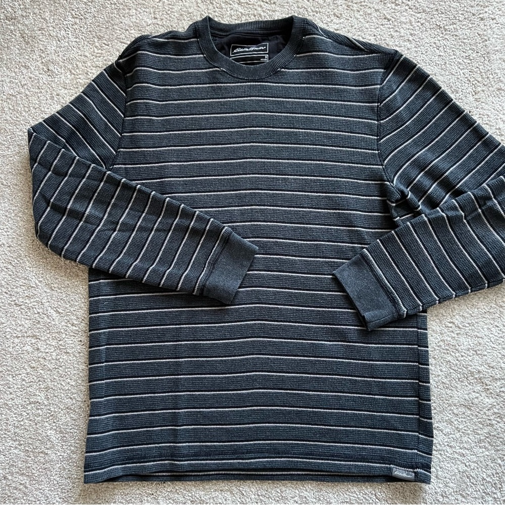 Eddie Bauer Gray Striped Waffle Knit Crewneck Shirt size M